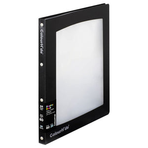 ColourHide black A4 refillable display book with a clear window cover and a spine band showing 60 micron and 20 sleeves