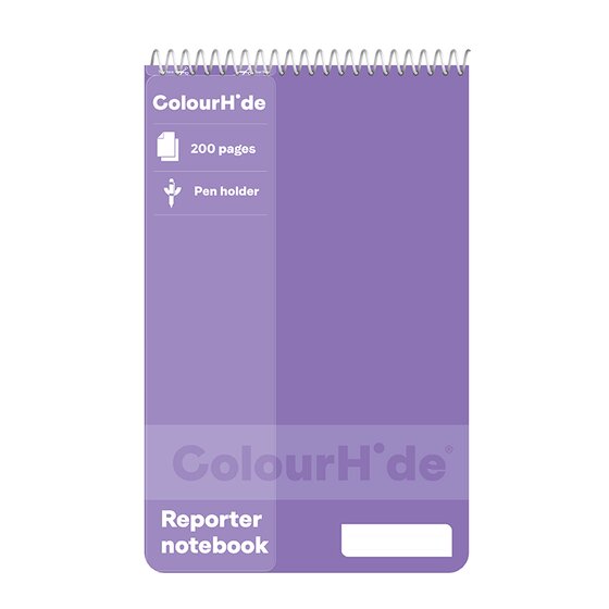 Purple ColourHide reporter notebook with a top spiral and a strip printed 200 pages and pen holder above the words Reporter notebook