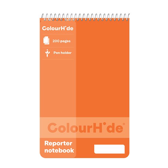 Orange ColourHide top spiral reporter notebook printed 200 pages, pen holder and Reporter notebook