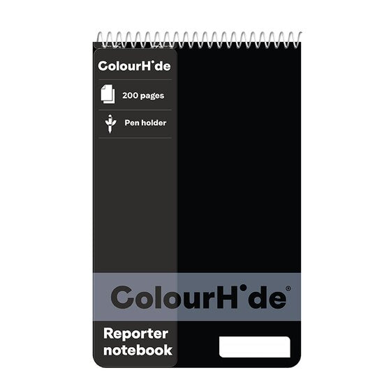 Black ColourHide reporter notebook with a grey strip, the ColourHide name and a white label panel