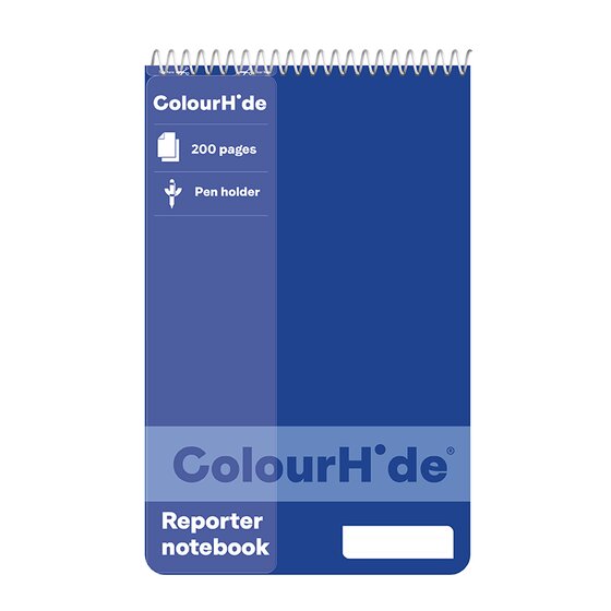 Blue ColourHide reporter notebook, top spiral, a lighter blue strip naming 200 pages and pen holder