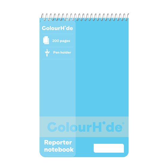 Light blue ColourHide reporter notebook with a top spiral, ColourHide name band and Reporter notebook label