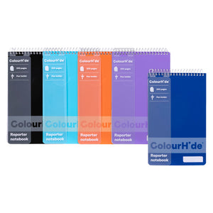 ColourHide Reporter Notebooks pack of 5 in assorted cover colours, top-opening spiral binding, 200x157mm