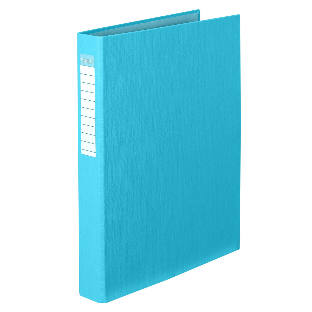 ColourHide sky blue A4 ring binder standing upright, showing the spine with a white ruled label panel