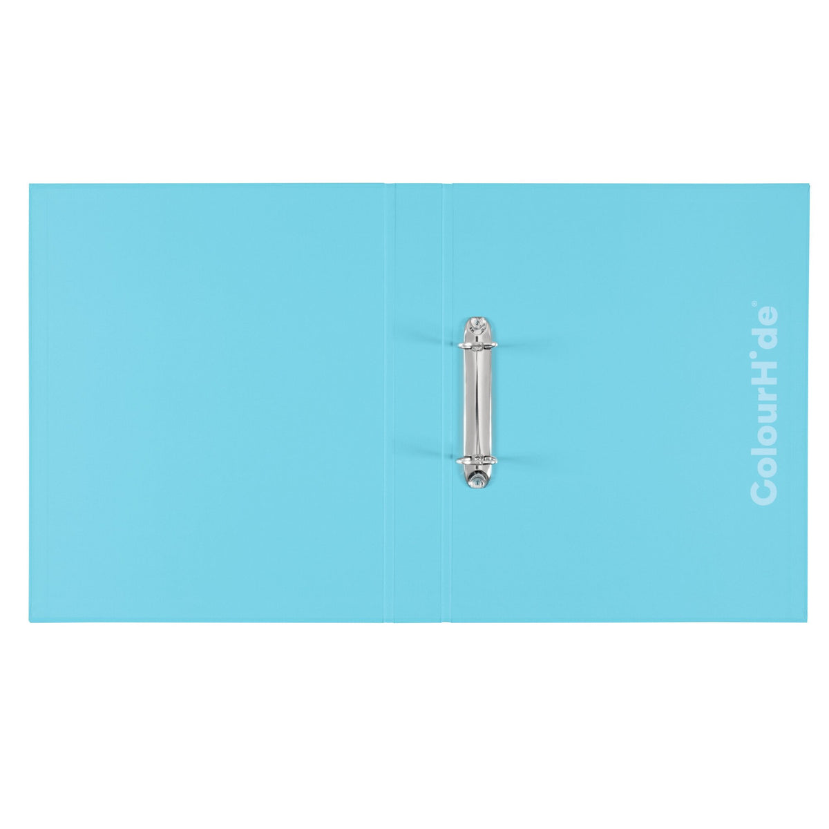 ColourHide sky blue ring binder opened flat, two ring mechanism on the back board and logo on the inside cover