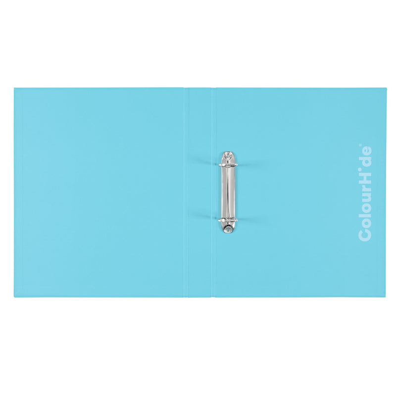 ColourHide sky blue ring binder opened flat, two ring mechanism on the back board and logo on the inside cover