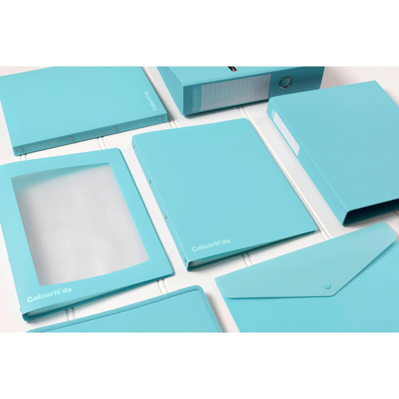 Sky blue ColourHide range laid out together, ring binders, a display book with a window cover and a button document wallet