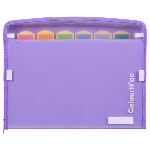 Pack of 6 ColourHide ZipIt lavender A4 expanding files arranged together