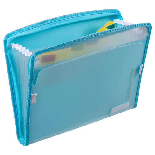 ColourHide ZipIt A4 Expanding File in Sky Blue showing secure zipper closure and clear insert cover