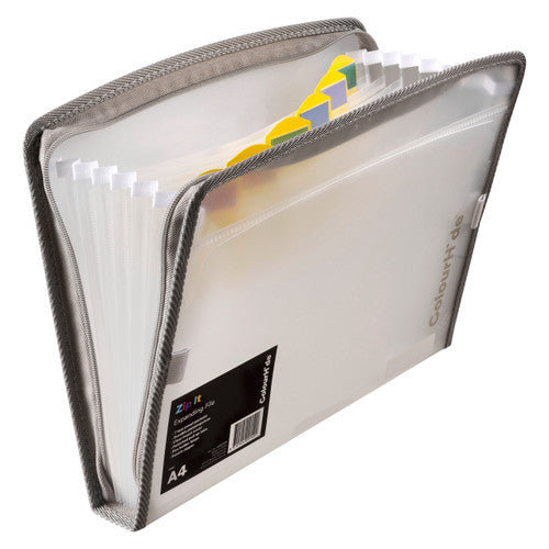 ColourHide Zip It A4 Expanding File in Clear showing front cover and zipper closure