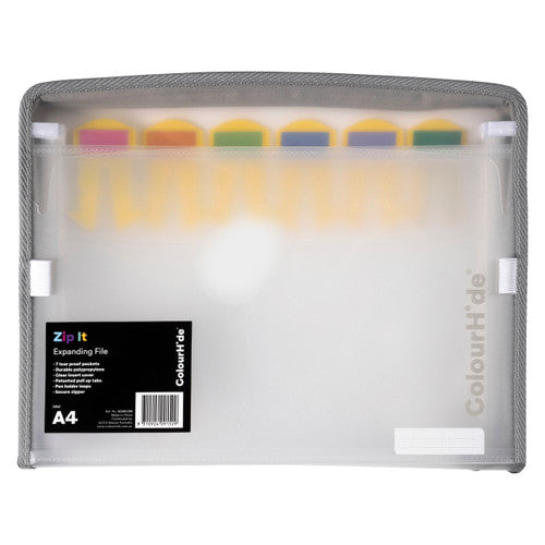 Inside view of ColourHide A4 Expanding File displaying seven expanding pockets with pull-up tabs