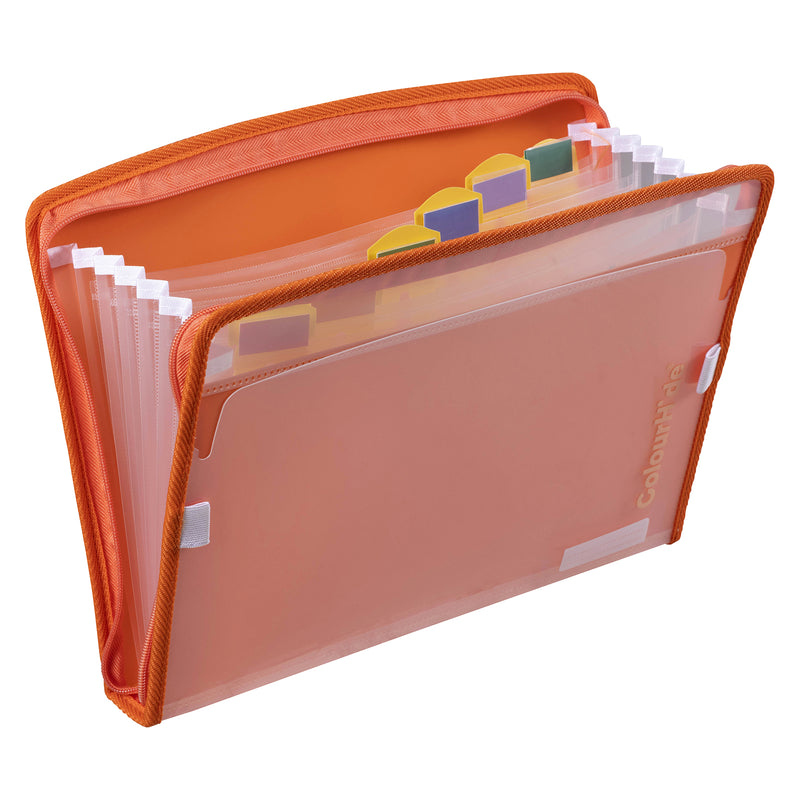 Tangerine ColourHide Zip It A4 expanding file at an angle with the zip open and clear pockets fanned out under coloured pull up tabs