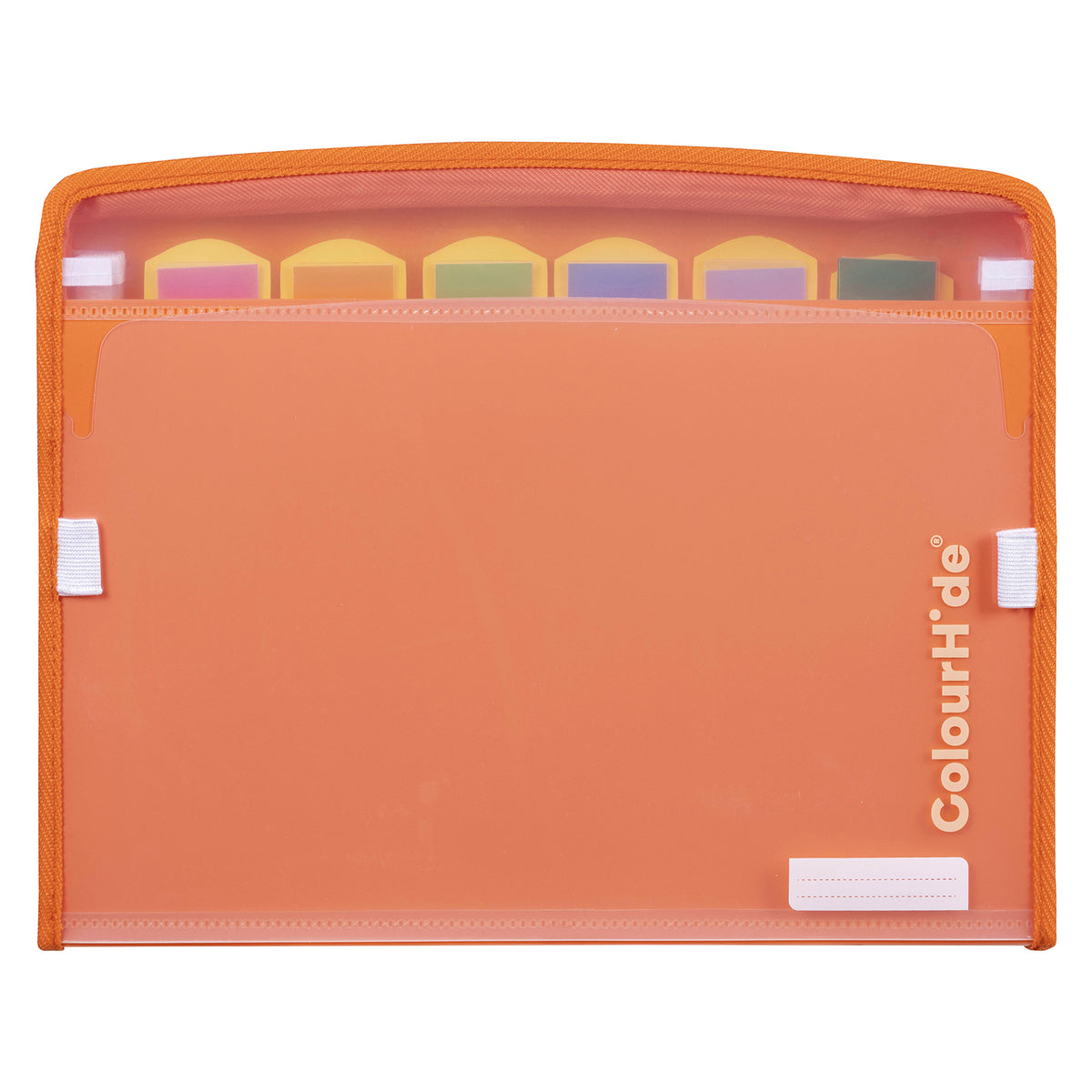 Front of the tangerine Zip It expanding file, frosted cover, six coloured tabs behind the top edge, white label strip and ColourHide up the side