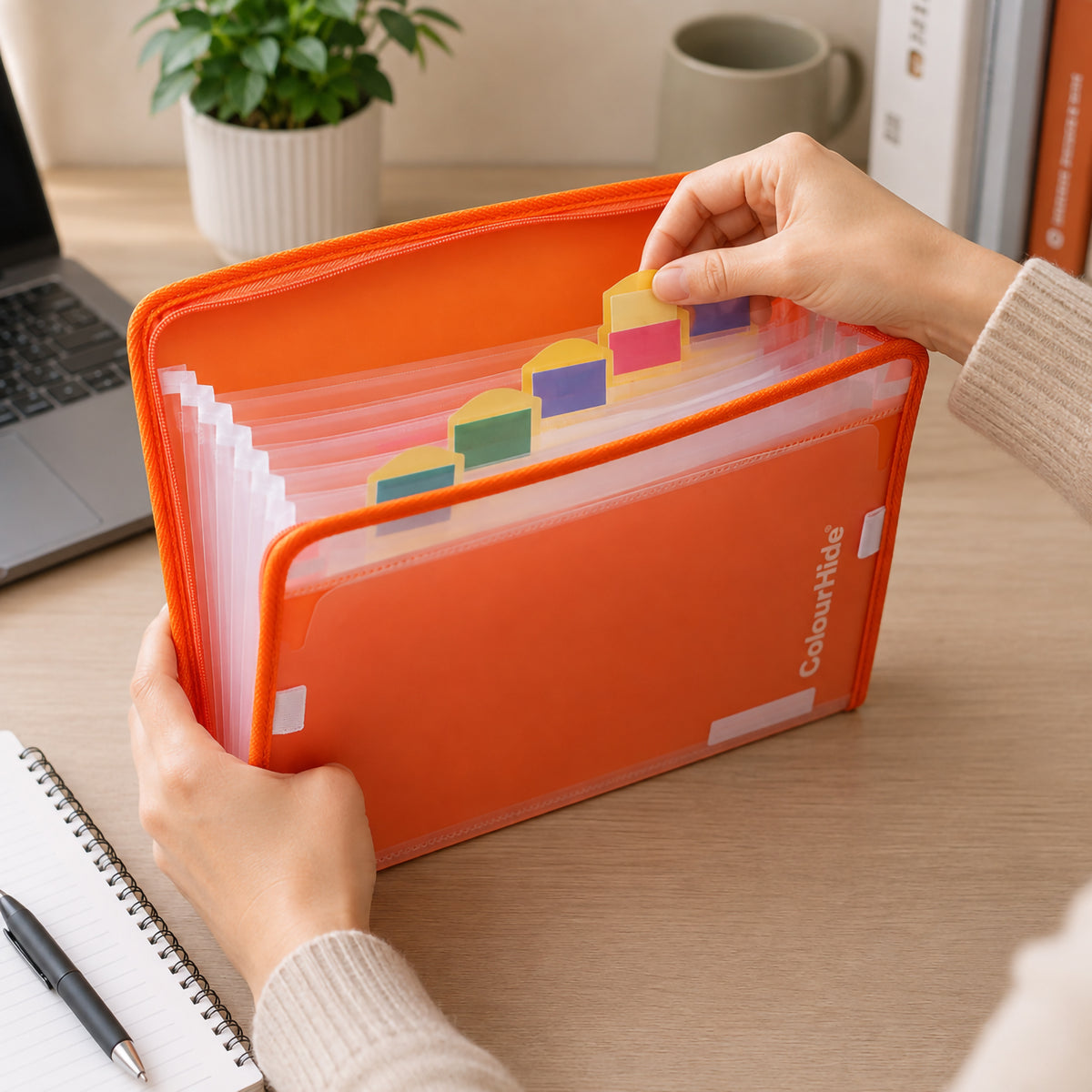 Styling image, possibly computer generated: hands opening a tangerine expanding file and lifting one of the coloured tabs