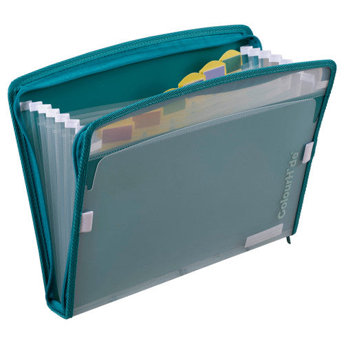 ColourHide Zip-It A4 Expanding File in teal green showing zipper closure and clear insert cover