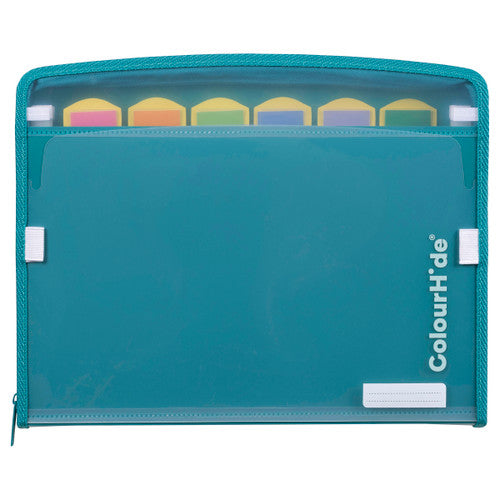 Front view of ColourHide teal green A4 expanding file with pen holder loop visible