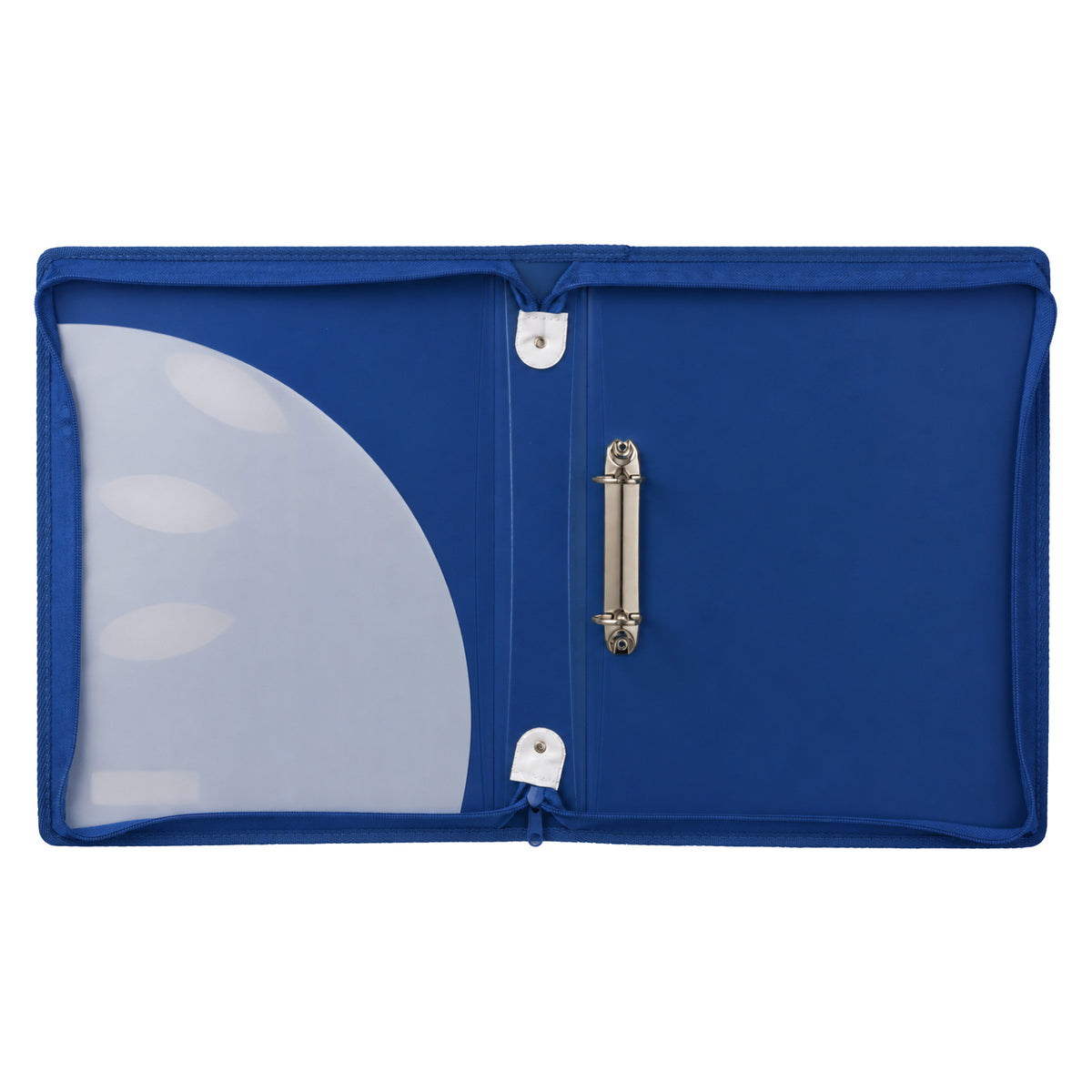 Classic blue ColourHide zipper binder unzipped flat, a frosted curved pocket on the left and two rings on the right