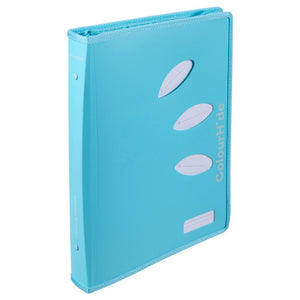 Sky blue ColourHide zipper binder standing at an angle, white petal cut-outs and logo on the front and zipper binder printed on the spine