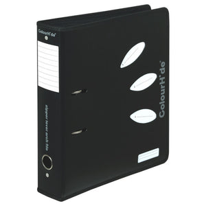 Black ColourHide A4 zipper lever arch file with three white leaf shapes and a logo on the front, spine printed zipper lever arch file with a label and finger hole