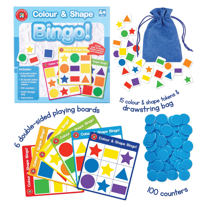 Product overview image showing Colour and Shape Bingo contents including six double sided bingo boards, fifteen double sided colour and shape tokens, one hundred counters and a blue drawstring bag. Bright geometric illustrations clearly demonstrate the educational focus on recognising colours and shapes.