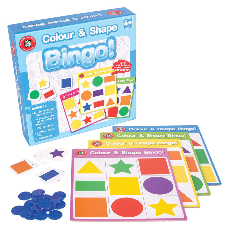Retail packaging and game components arranged together featuring colourful shape bingo boards, matching tokens and counters. The image highlights the educational design and durable learning resources suitable for classrooms, childcare centres and home learning activities.