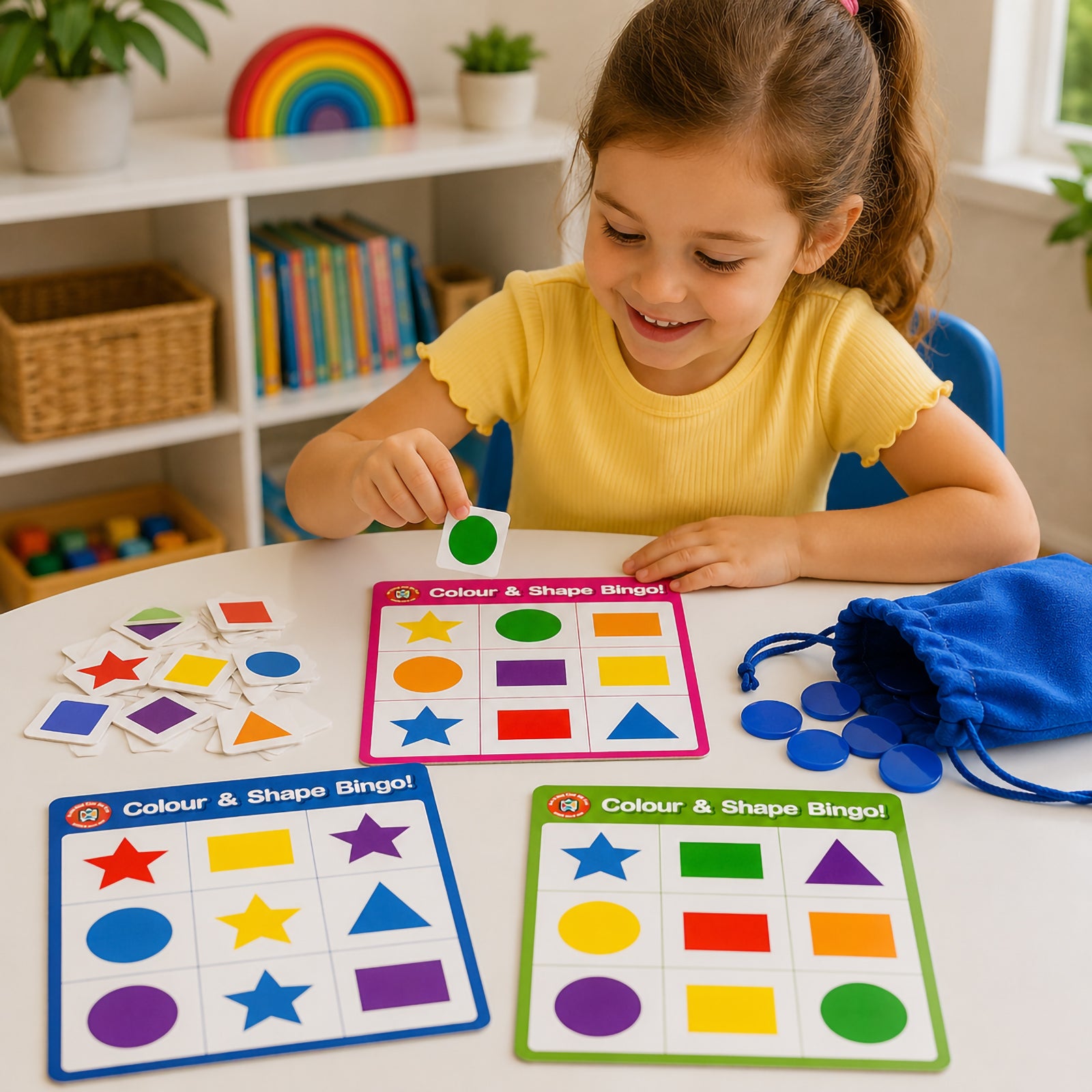 Young child matching a green circle token to a colourful bingo board during a Colour and Shape Bingo activity. Multiple boards featuring geometric shapes and bright colours are arranged on the table with counters and tokens nearby, highlighting visual recognition, concentration and early childhood learning skills.