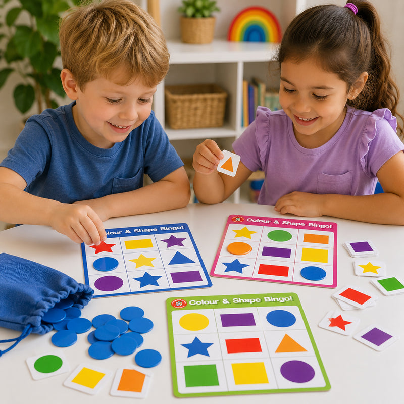 Two children actively playing Learning Can Be Fun Colour and Shape Bingo at a table. Brightly coloured bingo boards display circles, stars, triangles, rectangles and squares in vibrant colours. Blue counters, shape tokens and a drawstring storage bag demonstrate the interactive educational gameplay designed to teach colour and shape recognition through hands on learning.