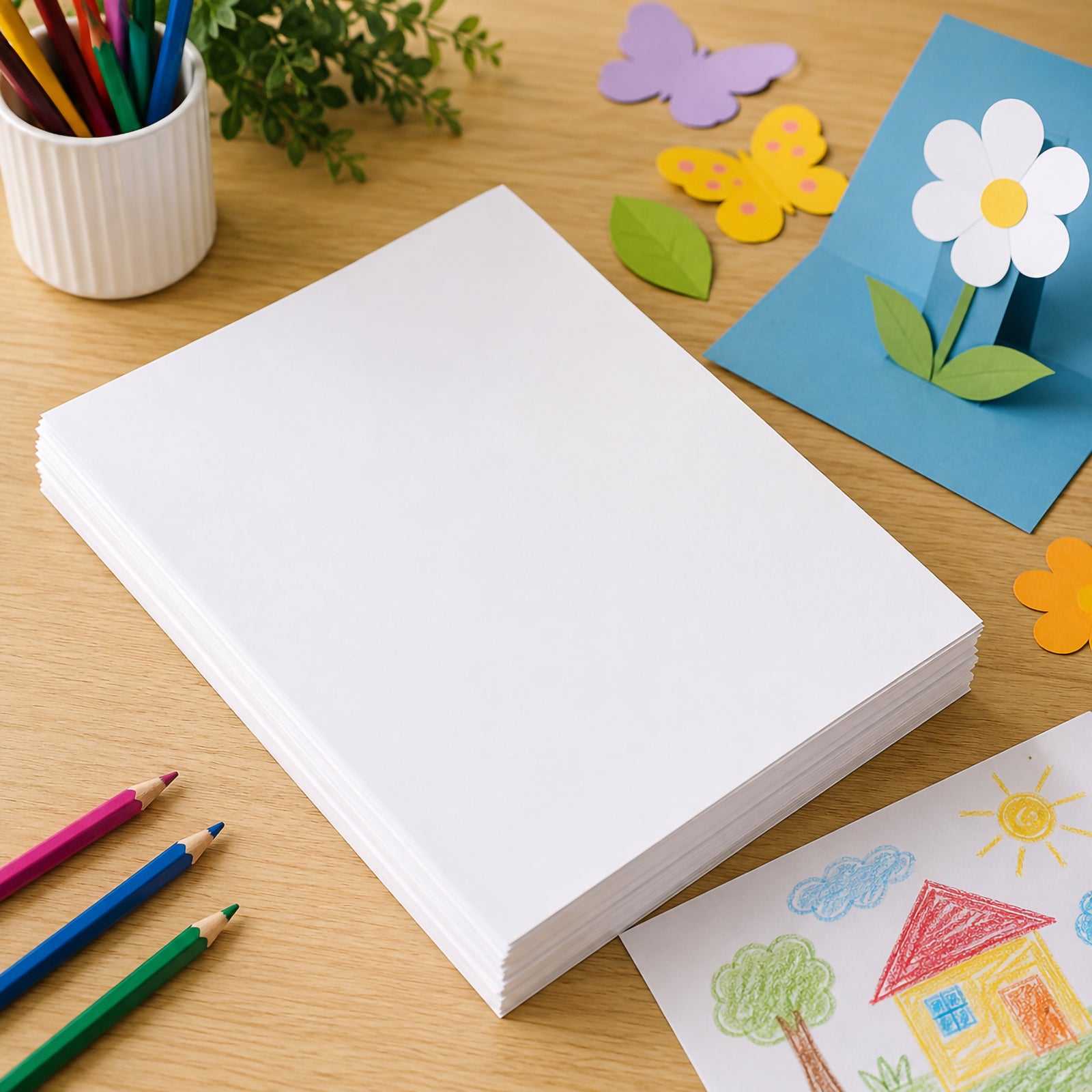 Large stack of white A4 card positioned alongside coloured pencils, paper craft decorations and children's artwork. The image demonstrates the card's versatility for school projects, display materials, greeting cards and everyday creative applications.
