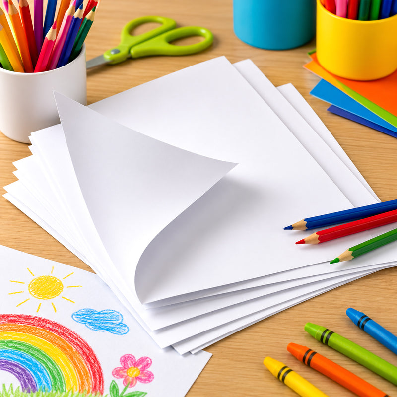 Several sheets of white card displayed on a craft table with coloured pencils, crayons and scissors. One sheet is partially lifted to show flexibility and thickness, highlighting the card's suitability for printing, folding, crafting and creative projects.