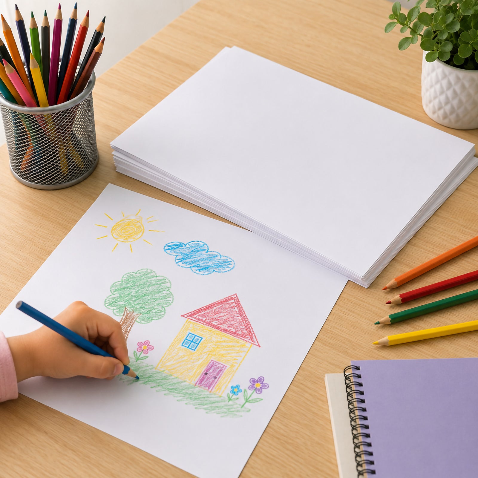 Stack of Colourful Days A4 white 160gsm card on a desk beside coloured pencils and a child's drawing. The bright white surface showcases vibrant artwork and demonstrates suitability for classroom activities, drawing projects, educational resources and creative learning environments.