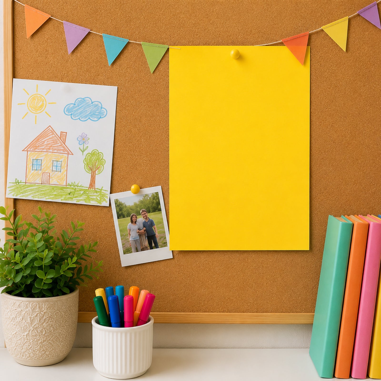Single sheet of lemon coloured board displayed on a noticeboard alongside drawings, photographs, bunting and colourful stationery. The vibrant yellow surface showcases its effectiveness for presentations, educational displays, signage and attention grabbing visual communication.