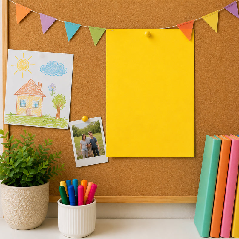 Single sheet of lemon coloured board displayed on a noticeboard alongside drawings, photographs, bunting and colourful stationery. The vibrant yellow surface showcases its effectiveness for presentations, educational displays, signage and attention grabbing visual communication.