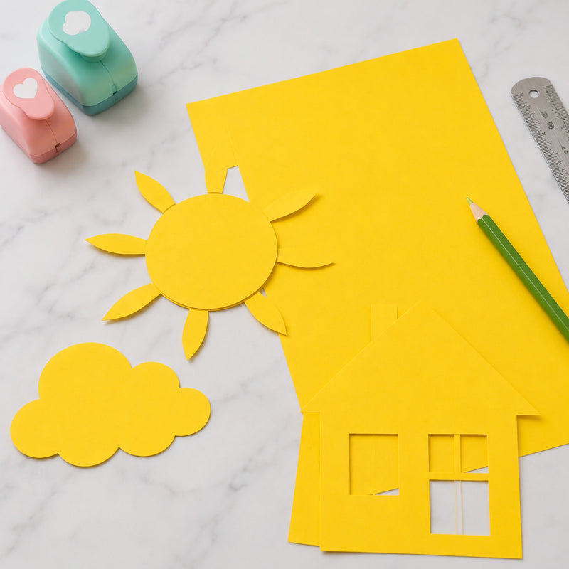 Bright lemon coloured board being used to create craft shapes including a sun, cloud and house design. Craft punches, a ruler and coloured pencil surround the workspace, demonstrating the board's suitability for classroom projects, creative learning activities, educational displays and seasonal themed crafts.