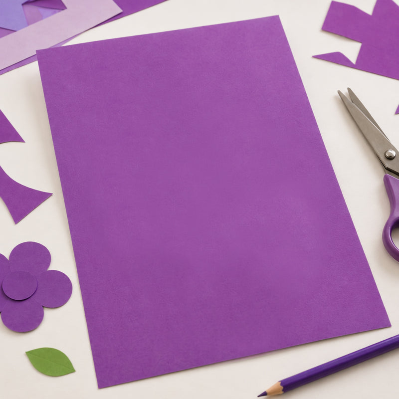 Single sheet of lilac coloured board placed on a craft table surrounded by cut paper shapes, scissors and drawing tools. The image demonstrates the board's versatility for cutting, decorating, floral themed crafts, classroom activities and creative paper projects.