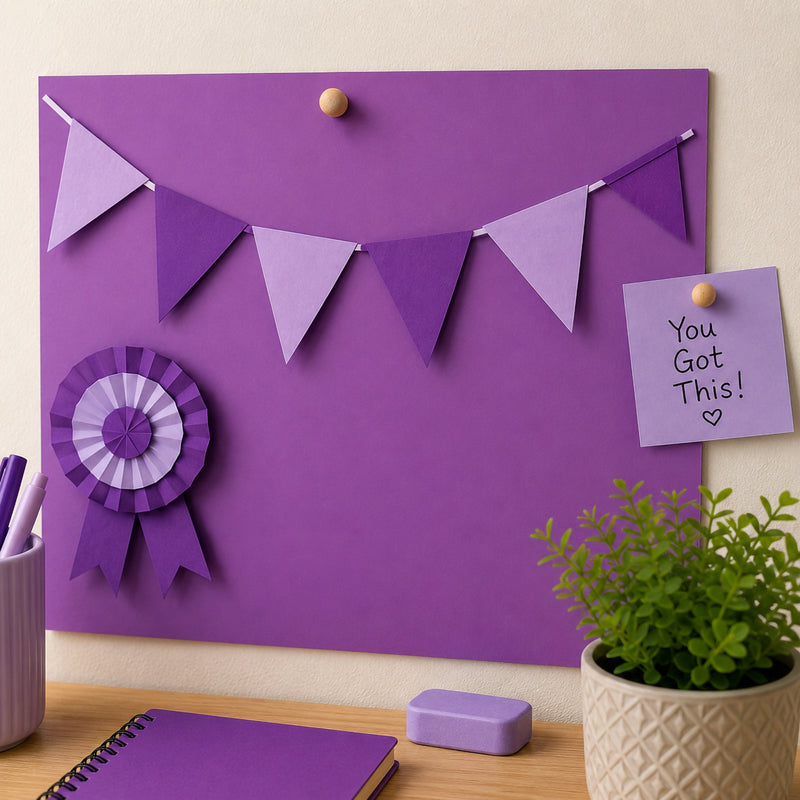 Lilac coloured board displayed as a decorative noticeboard featuring matching bunting, a paper award ribbon and an inspirational note. The elegant purple tones highlight the board's suitability for classroom displays, event decorations, educational presentations and creative visual projects.