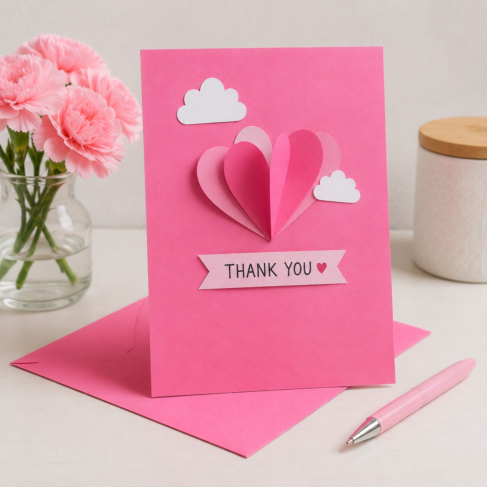 Handmade thank you card crafted from pink coloured board featuring layered heart shapes and decorative elements. Displayed with matching envelope and flowers, the image demonstrates the board's suitability for card making, paper crafts, personalised gifts and creative projects.