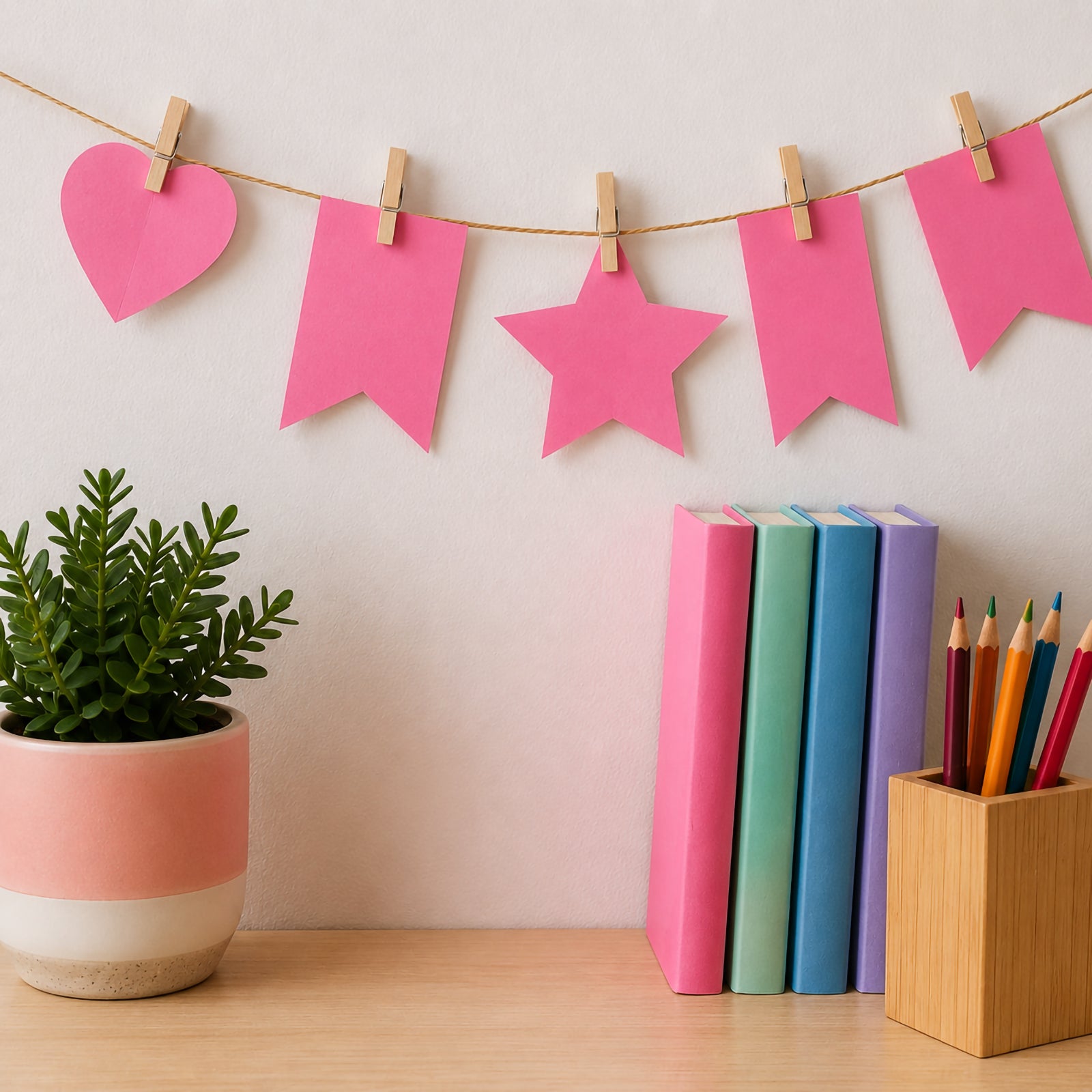 Pink coloured board used to create decorative bunting featuring heart, star and banner shapes suspended on a string with wooden pegs. The image highlights the board's suitability for celebrations, classroom decorations, party displays, craft projects and creative event styling.