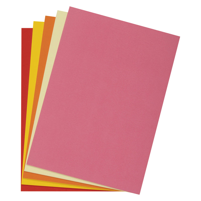 Packaged Colourful Days A4 Assorted Warm Coloured Board displaying the range of included colours. The product packaging highlights FSC certification, 200gsm board weight and the assortment of warm tones suitable for schools, offices and creative environments.