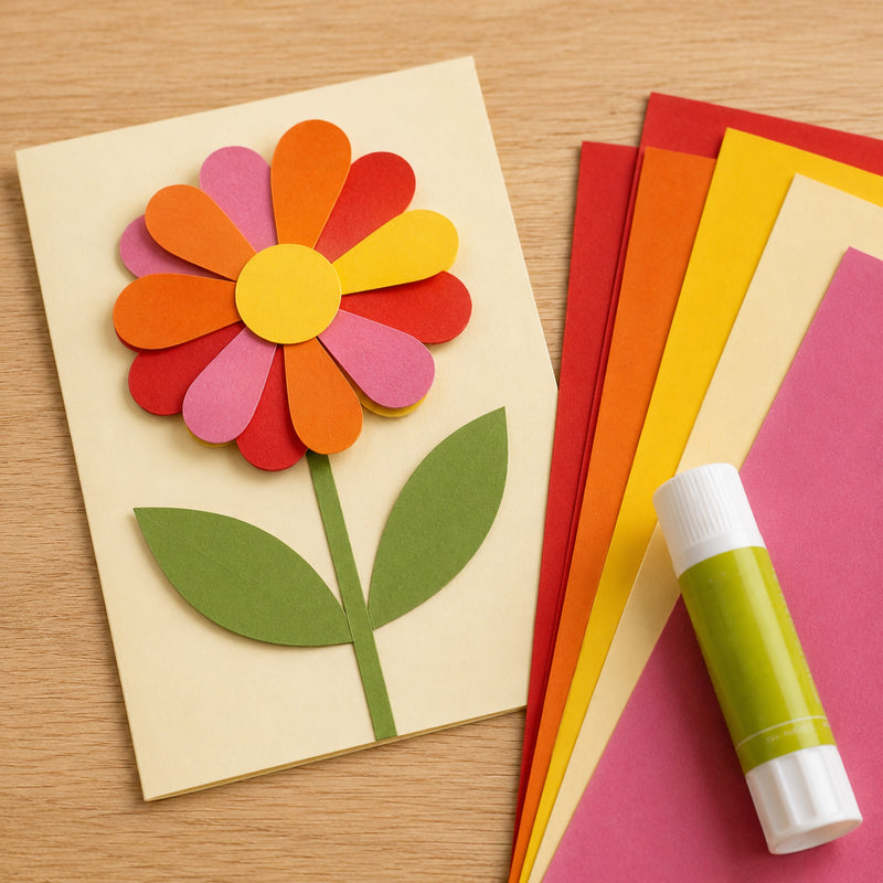Three dimensional flower card made from layered warm coloured board sheets in vibrant pink, orange, red and yellow shades. A glue stick and assorted coloured sheets are displayed alongside the finished craft, highlighting the board's strength and versatility for creative paper construction projects.