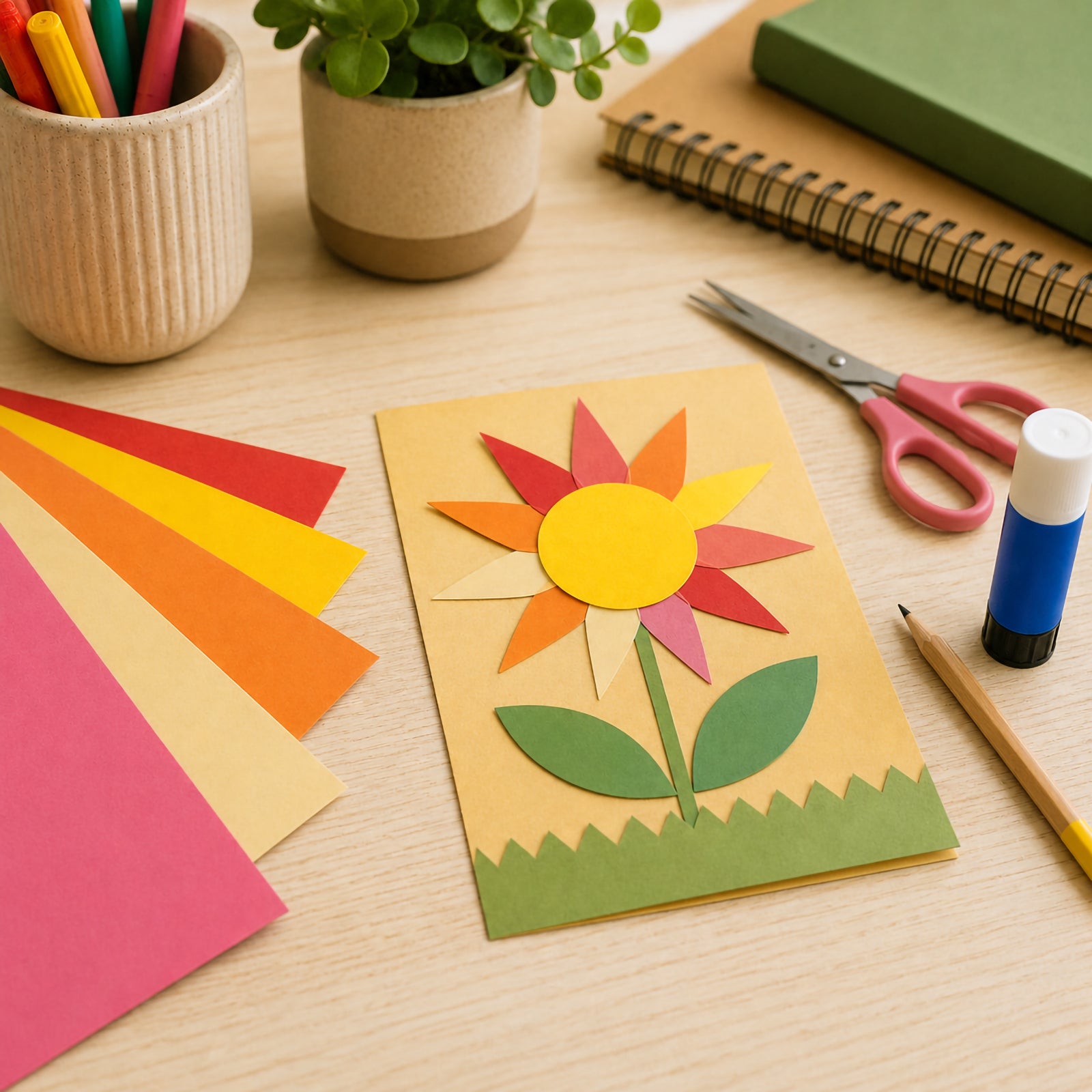 Colourful handmade flower craft project created from warm coloured board sheets including pink, red, orange, yellow and cream tones. The craft workspace features scissors, glue stick, pencils and decorative plants, demonstrating the board's suitability for classroom art projects, greeting cards and creative learning activities.
