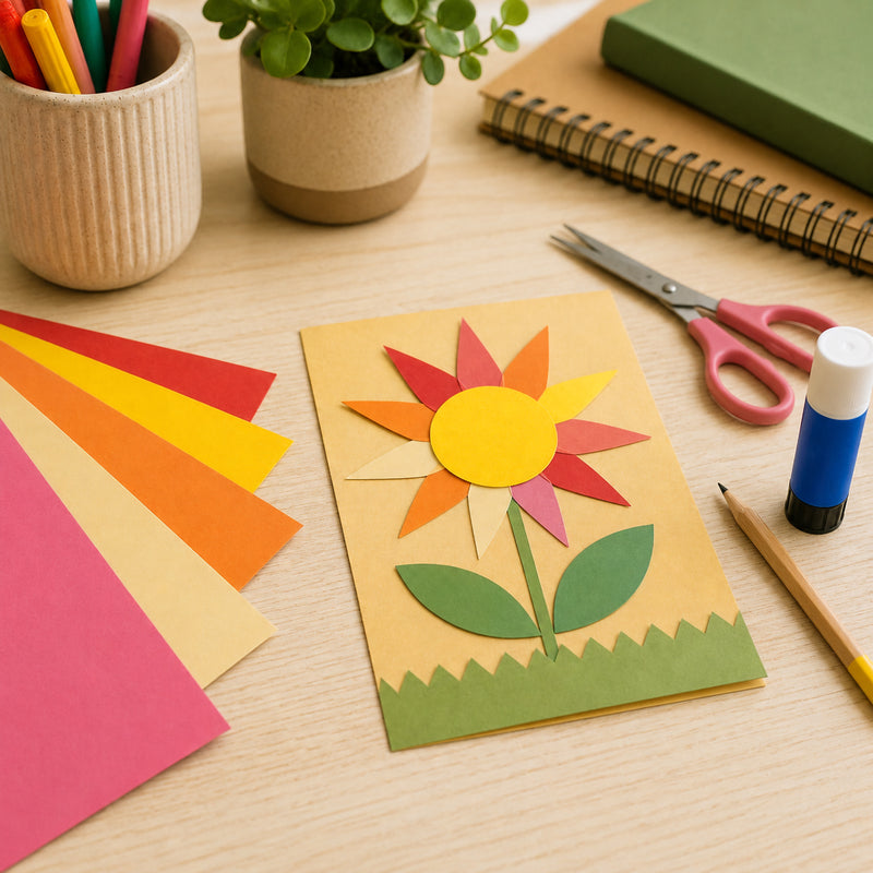 Colourful handmade flower craft project created from warm coloured board sheets including pink, red, orange, yellow and cream tones. The craft workspace features scissors, glue stick, pencils and decorative plants, demonstrating the board's suitability for classroom art projects, greeting cards and creative learning activities.