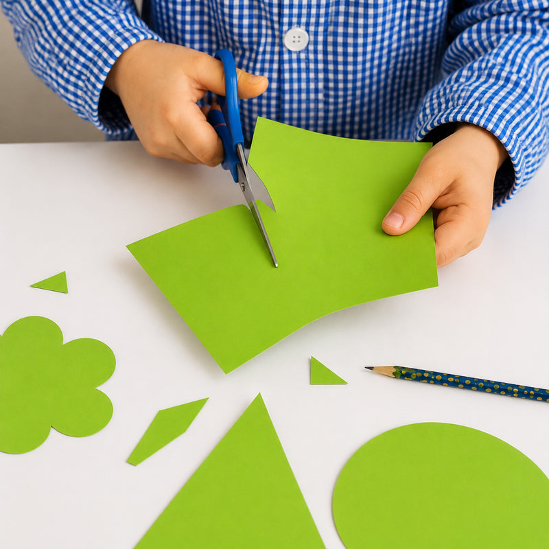 Child wearing a blue checked school uniform carefully cutting bright fluro green project board with safety scissors. Various geometric paper shapes and a flower cut out are displayed on a white table, demonstrating the board's suitability for classroom crafts, educational activities, creative learning projects and hands on art tasks.
