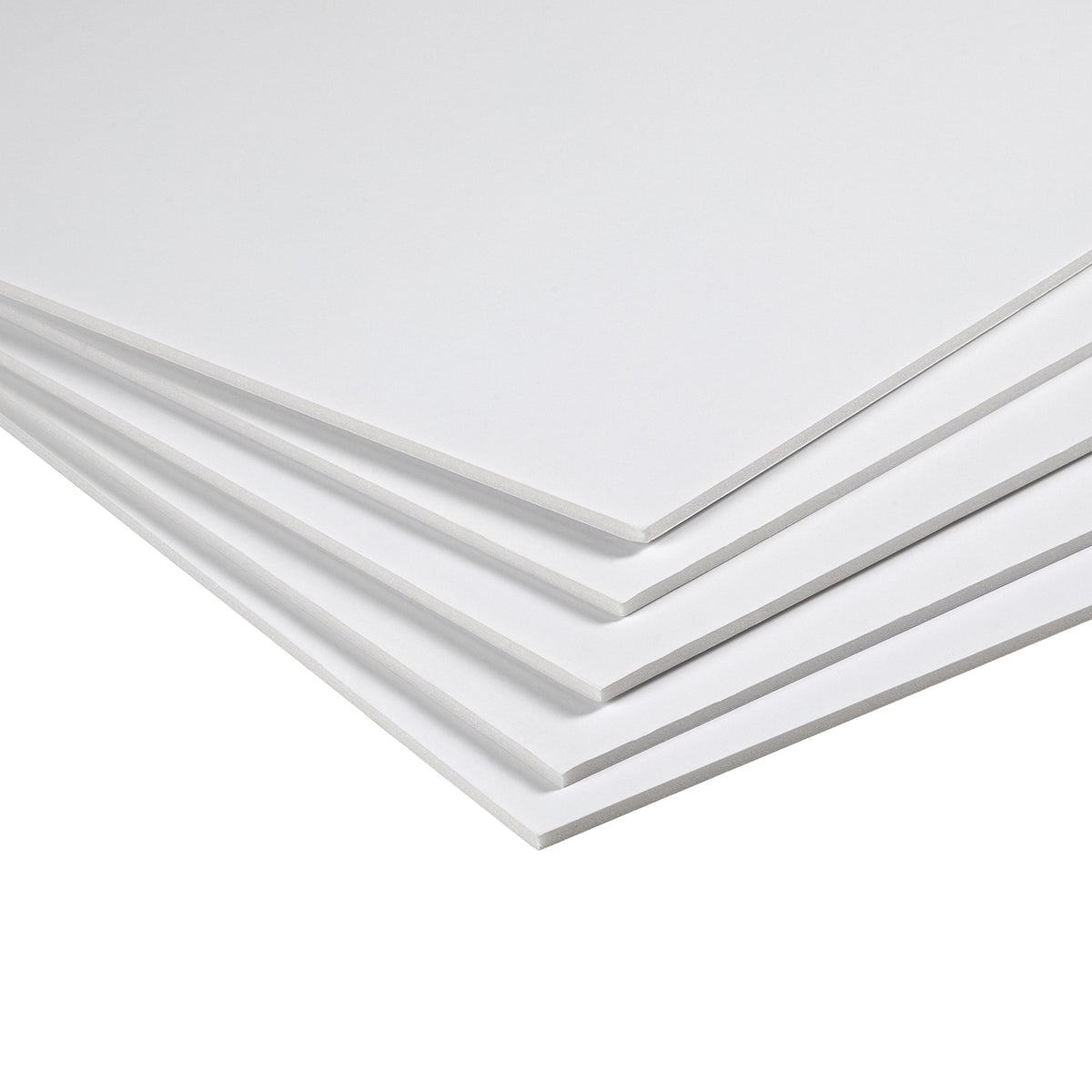 Stack of Colourful Days 8524 white foam boards seen from the edge, showing the foam core between the white facing sheets