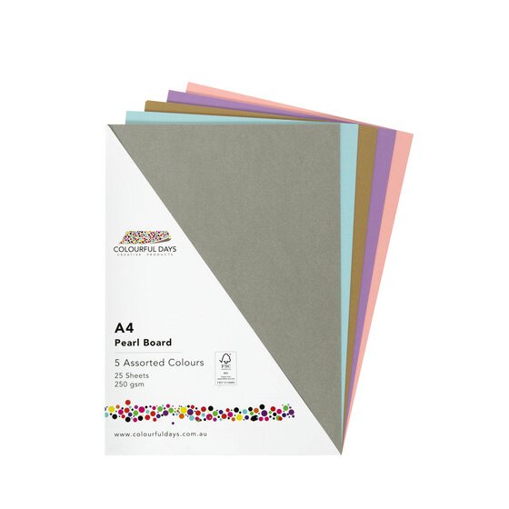 Colourful Days 8537 Pearl Board pack with the white label reading A4 Pearl Board, 5 Assorted Colours, 25 Sheets, 250 gsm and pearl sheets fanned behind