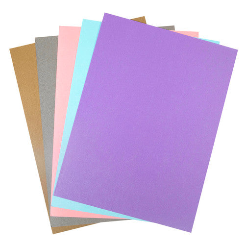 Colourful Days A4 Pearl Board sheets fanned out in lilac, pale blue, pink, grey and bronze pearl shades