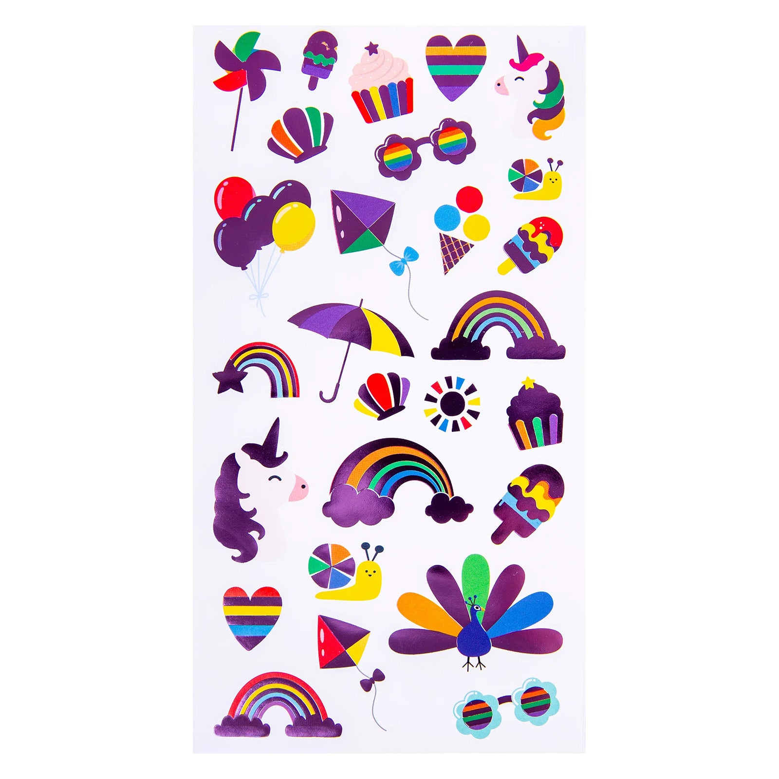 Full front view of the sticker sheet displaying all 27 colourful stickers neatly arranged on a white backing. The collection features fantasy inspired designs including rainbows, hearts, treats, kites and cheerful decorative icons.