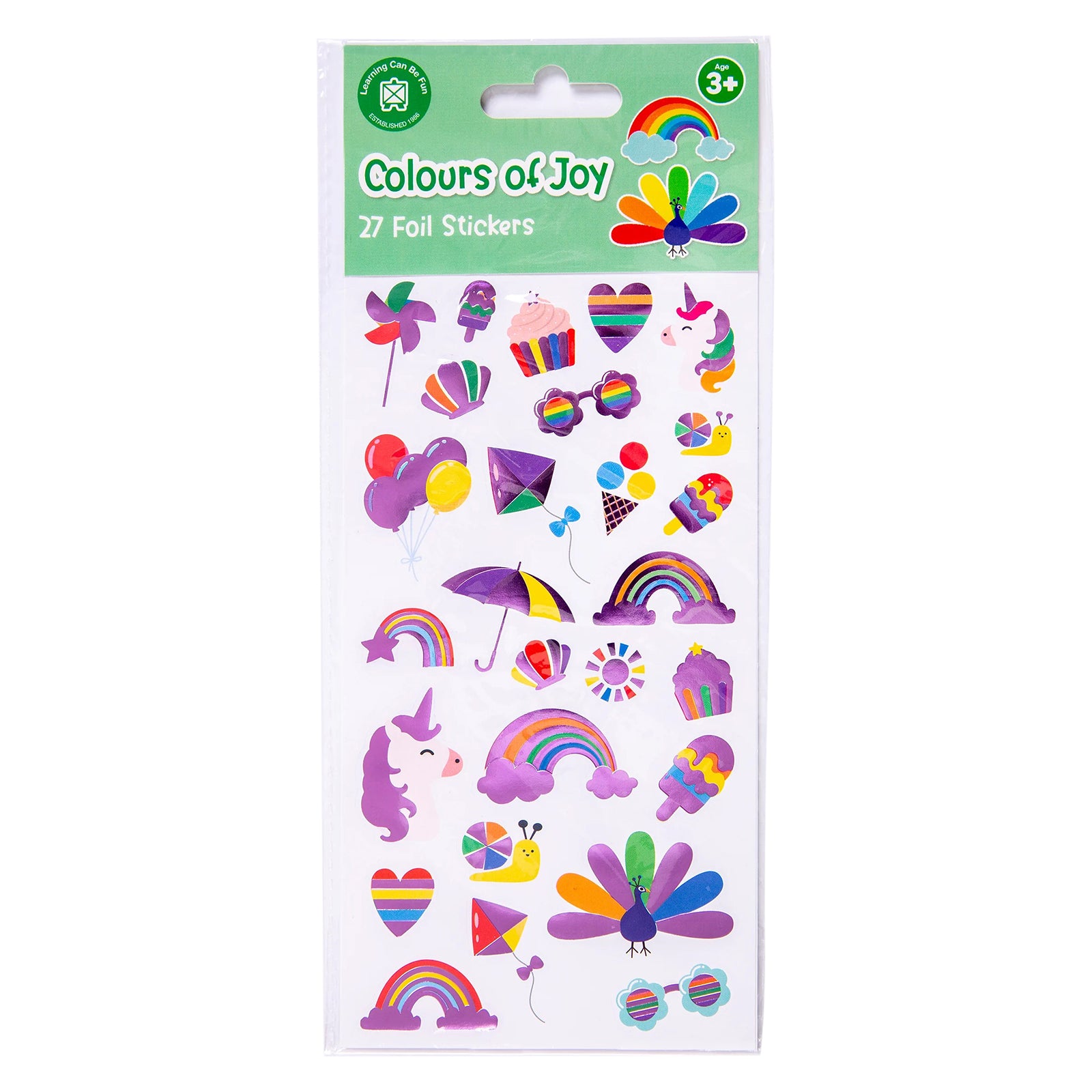 Retail packaging of the Colours of Joy Foil Sticker Set featuring Learning Can Be Fun branding, age suitability information and a preview of the vibrant foil accented sticker assortment included in the pack.