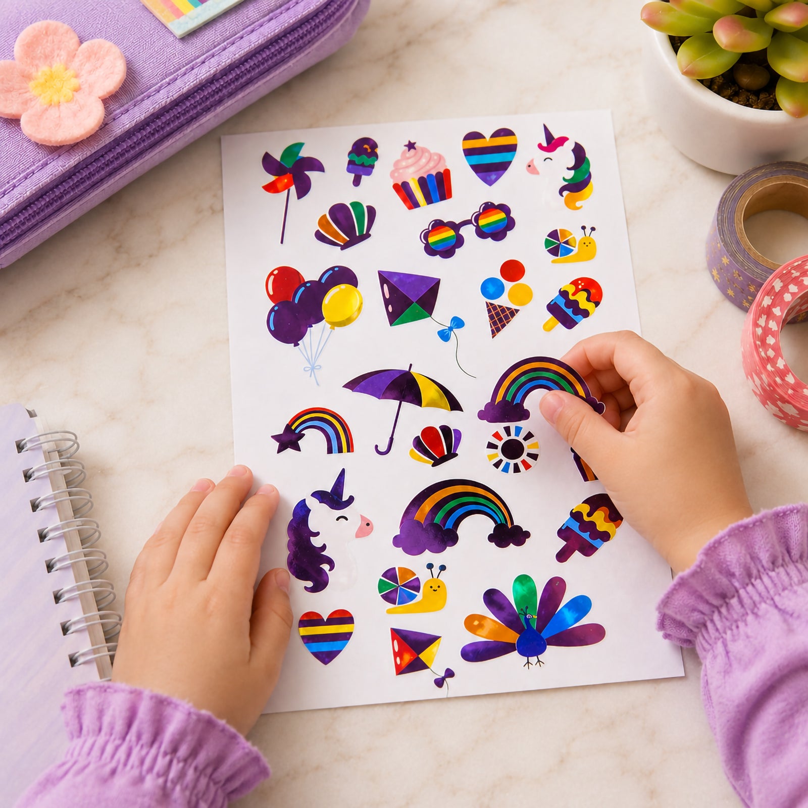 Child exploring the sticker sheet while selecting a rainbow sticker for a craft activity. The image highlights the wide variety of colourful designs and demonstrates how the stickers can be used for creative expression and personalised projects.