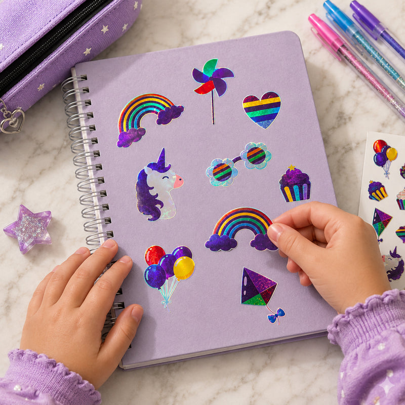 Child decorating a lavender notebook with colourful foil stickers featuring rainbows, unicorns, balloons, cupcakes and fantasy themed icons. The shimmering foil details reflect light beautifully while pastel stationery and gel pens create a fun and creative crafting environment.