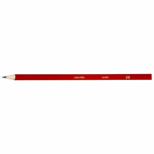 Close-up of Columbia Cadet 2B pencil tip showing sharpened graphite lead and hexagonal red barrel